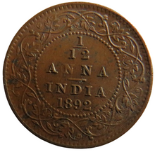 Load image into Gallery viewer, 1892 Queen Victoria India 1/12th Anna Coin
