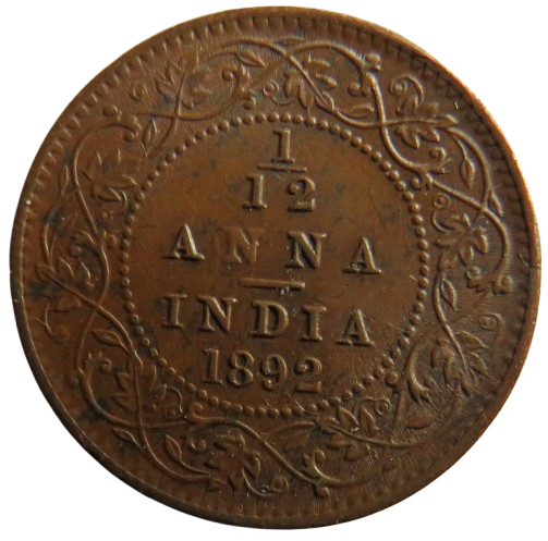 1892 Queen Victoria India 1/12th Anna Coin