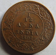 Load image into Gallery viewer, 1892 Queen Victoria India 1/12th Anna Coin
