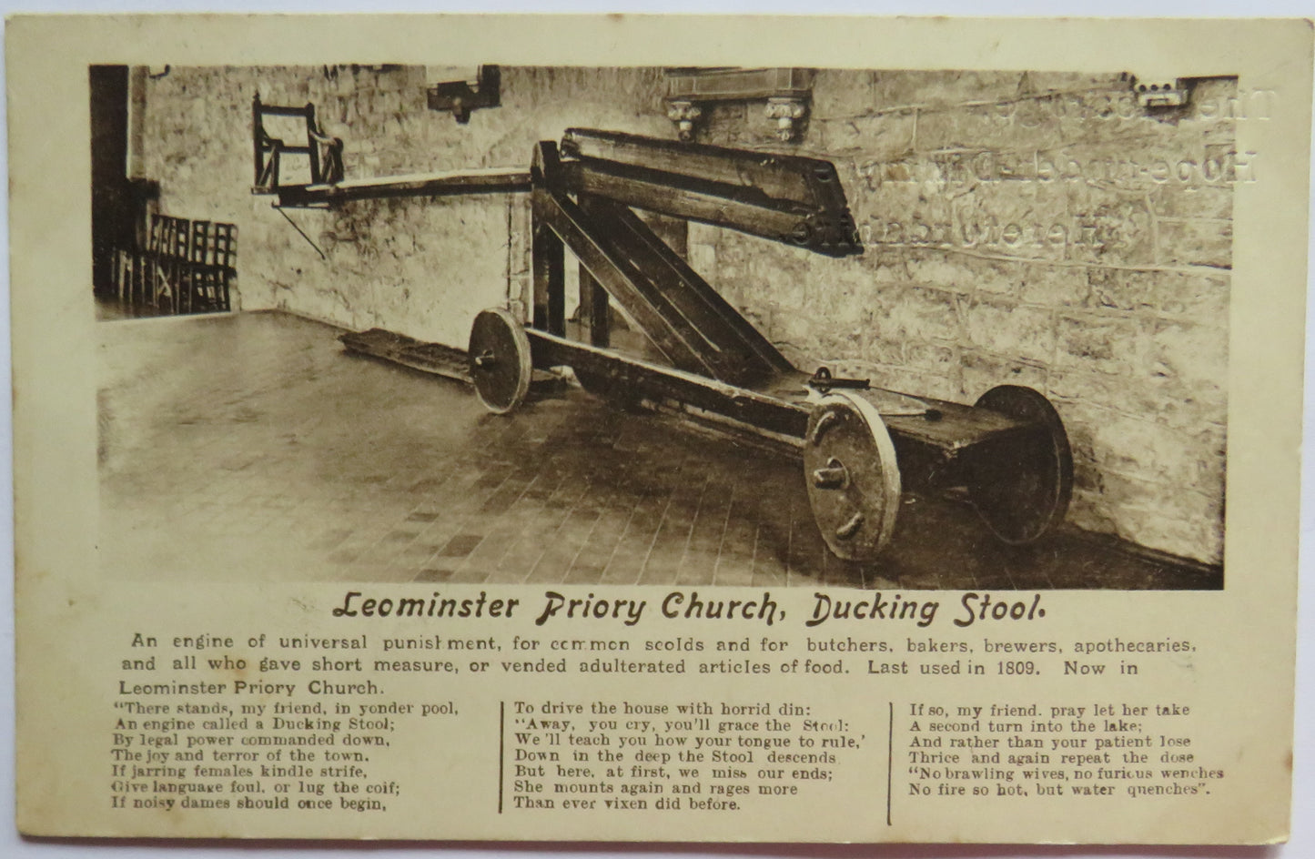 Vintage Postcard of Leominster Priory Church Ducking Stool 1924