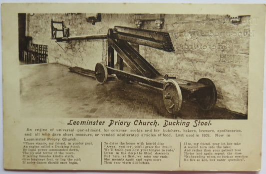 Vintage Postcard of Leominster Priory Church Ducking Stool 1924
