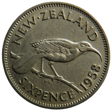 Load image into Gallery viewer, 1958 Queen Elizabeth II New Zealand Sixpence Coin
