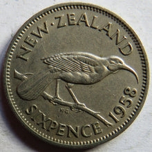 Load image into Gallery viewer, 1958 Queen Elizabeth II New Zealand Sixpence Coin
