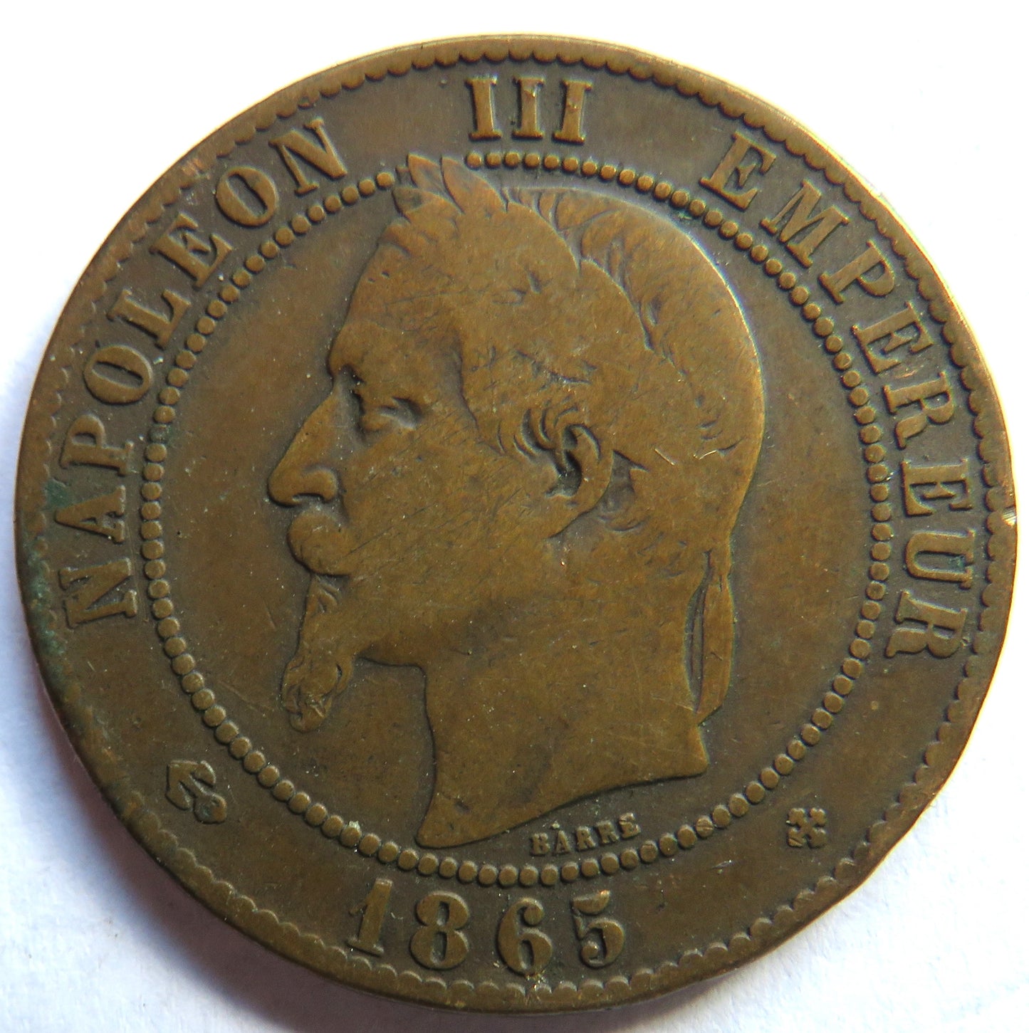 1865-BB France Napoleon III 10 Centimes Coin