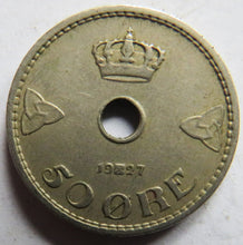 Load image into Gallery viewer, 1927 Norway 50 Ore Coin
