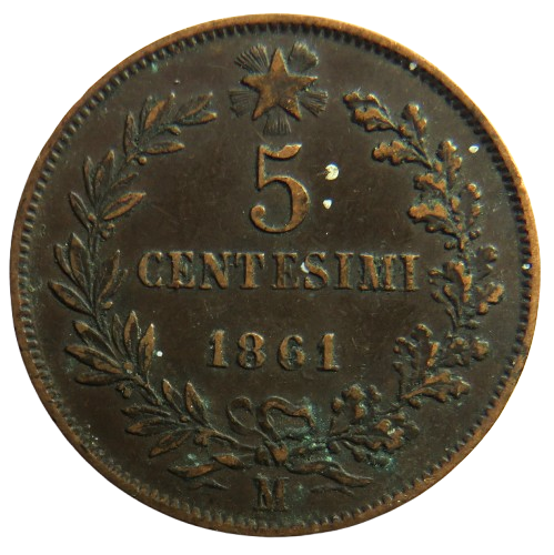1861 Italy 5 Centesimi Coin In Better Grade