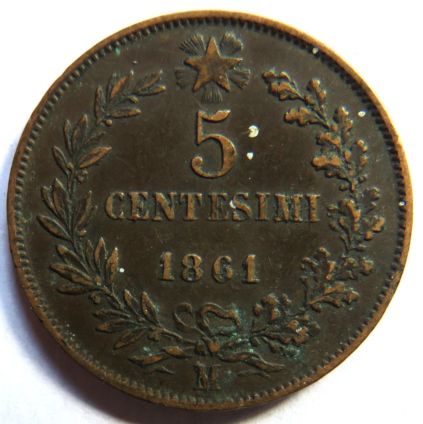 1861 Italy 5 Centesimi Coin In Better Grade