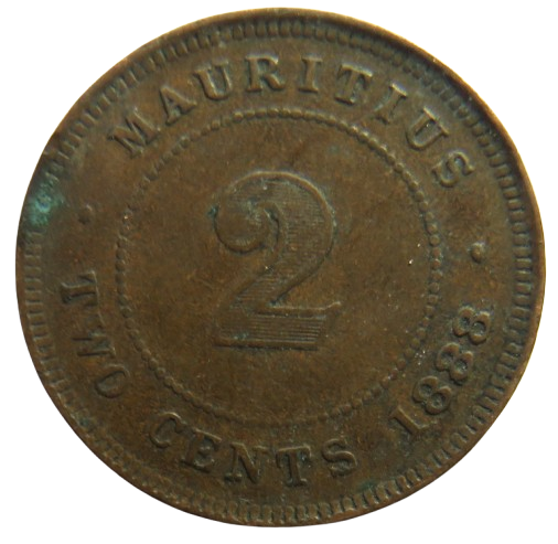 1888 Queen Victoria Mauritius 2 Cents Coin