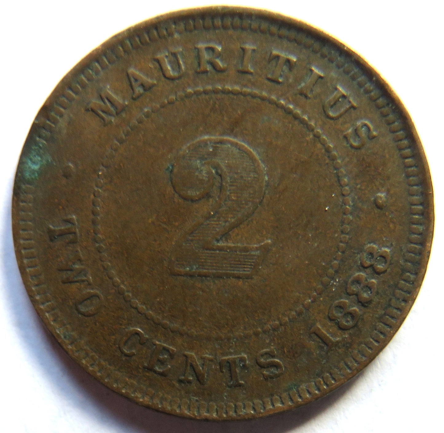 1888 Queen Victoria Mauritius 2 Cents Coin