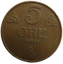 Load image into Gallery viewer, 1935 Norway 5 Ore Coin
