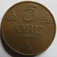 Load image into Gallery viewer, 1935 Norway 5 Ore Coin
