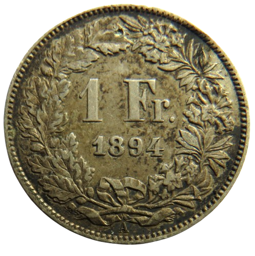 1894 Switzerland Silver One Franc Coin