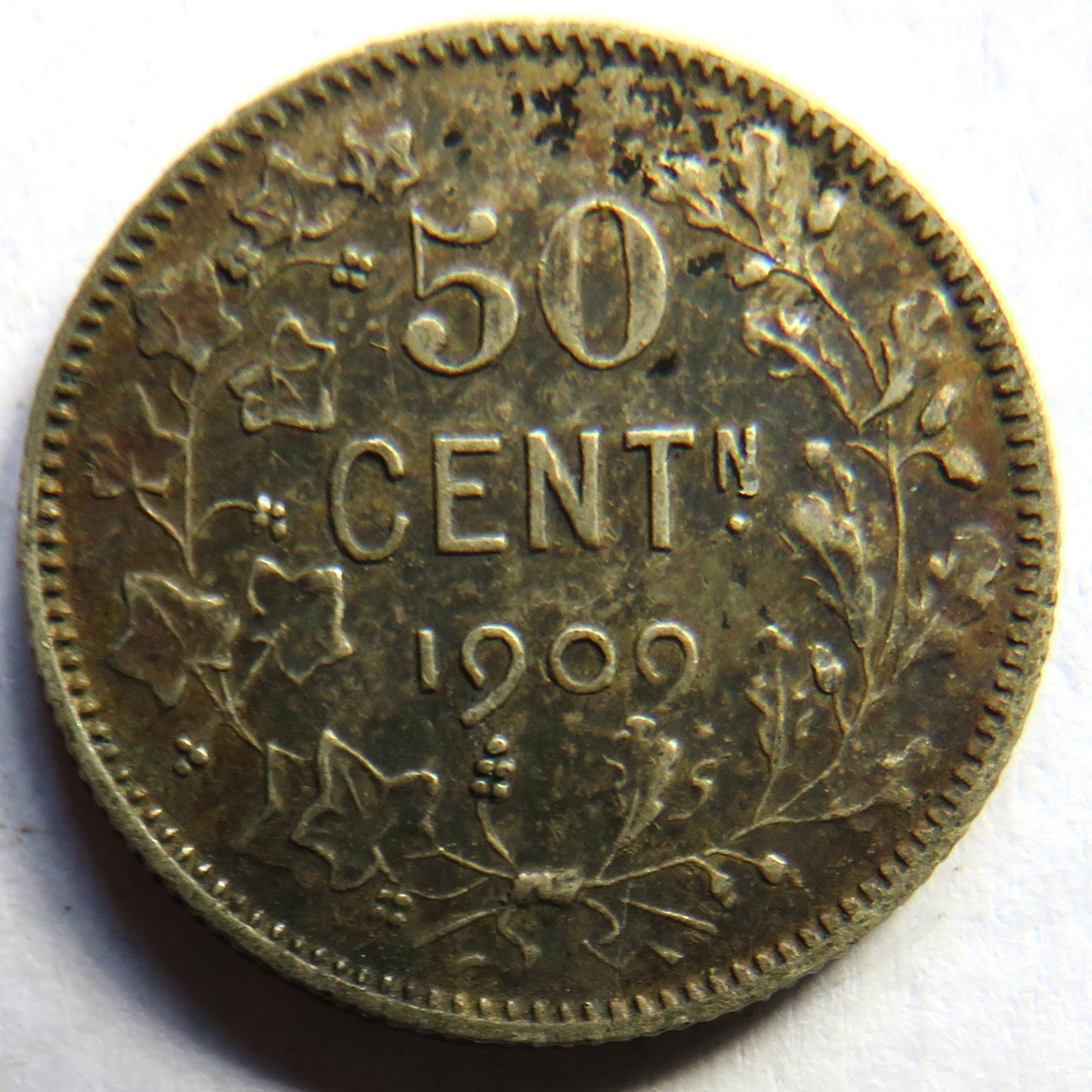 1909 Belgium Silver 50 Centimes Coin