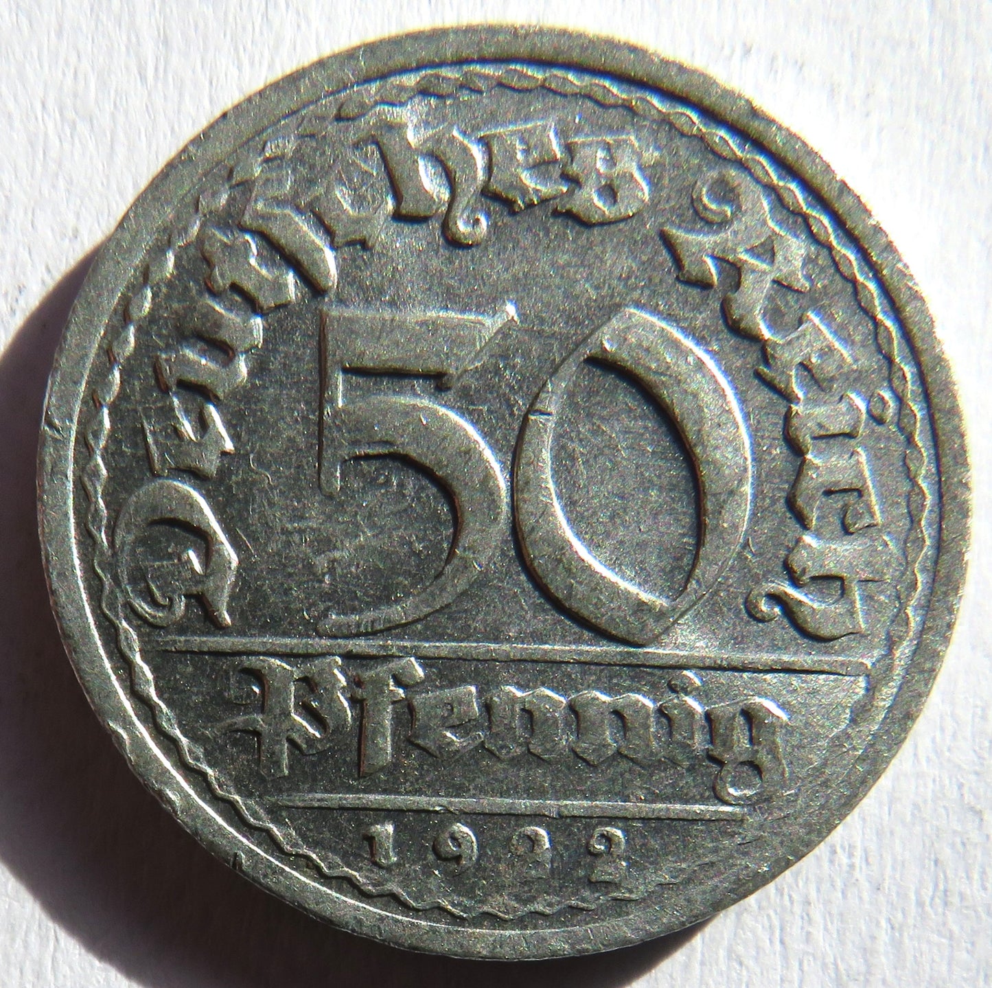 1922-G Germany - Weimar Republic 50 Pfennig Coin
