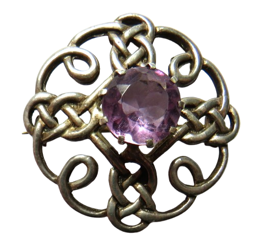 Sterling Silver & Purple Stone Celtic Scottish Brooch