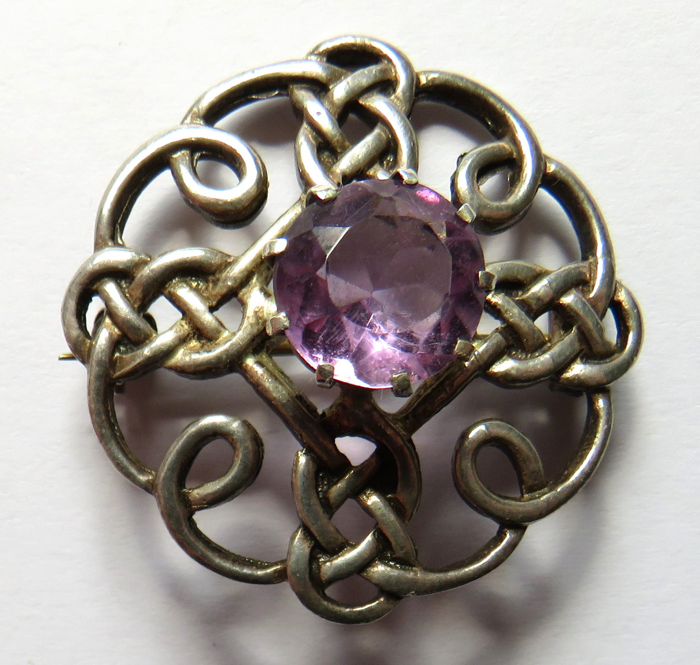 Sterling Silver & Purple Stone Celtic Scottish Brooch