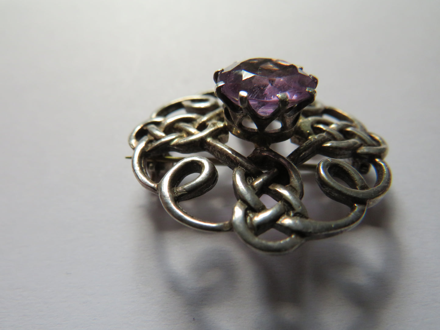 Sterling Silver & Purple Stone Celtic Scottish Brooch