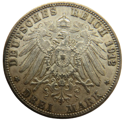 1912-G German States Baden Silver 3 Marks Coin