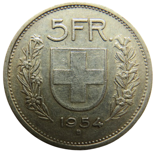 1954 Switzerland Silver 5 Francs Coin