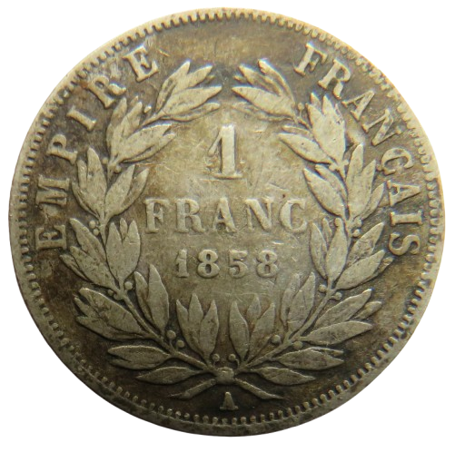 1858-A Napoleon III France Silver 1 Franc Coin