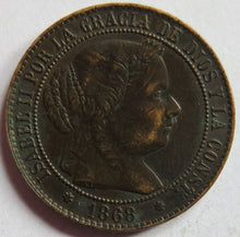 Load image into Gallery viewer, 1868 Spain 2 &amp; 1/2 Centimos Coin - Isabel II
