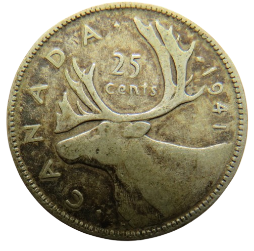 1941 King George VI Canada Silver 25 Cents Coin