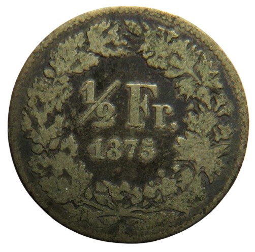 1875 Switzerland Silver 1/2 Franc Coin