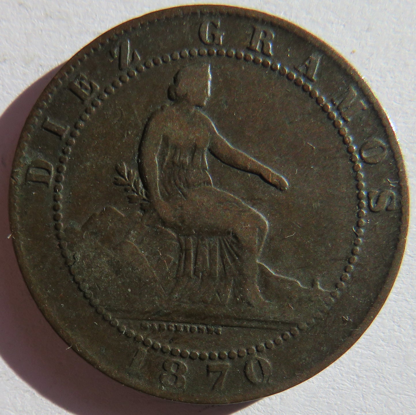 1870 Spain 10 Centimos Coin