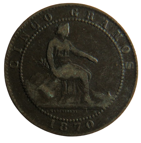 1870 Spain 5 Centimos Coin