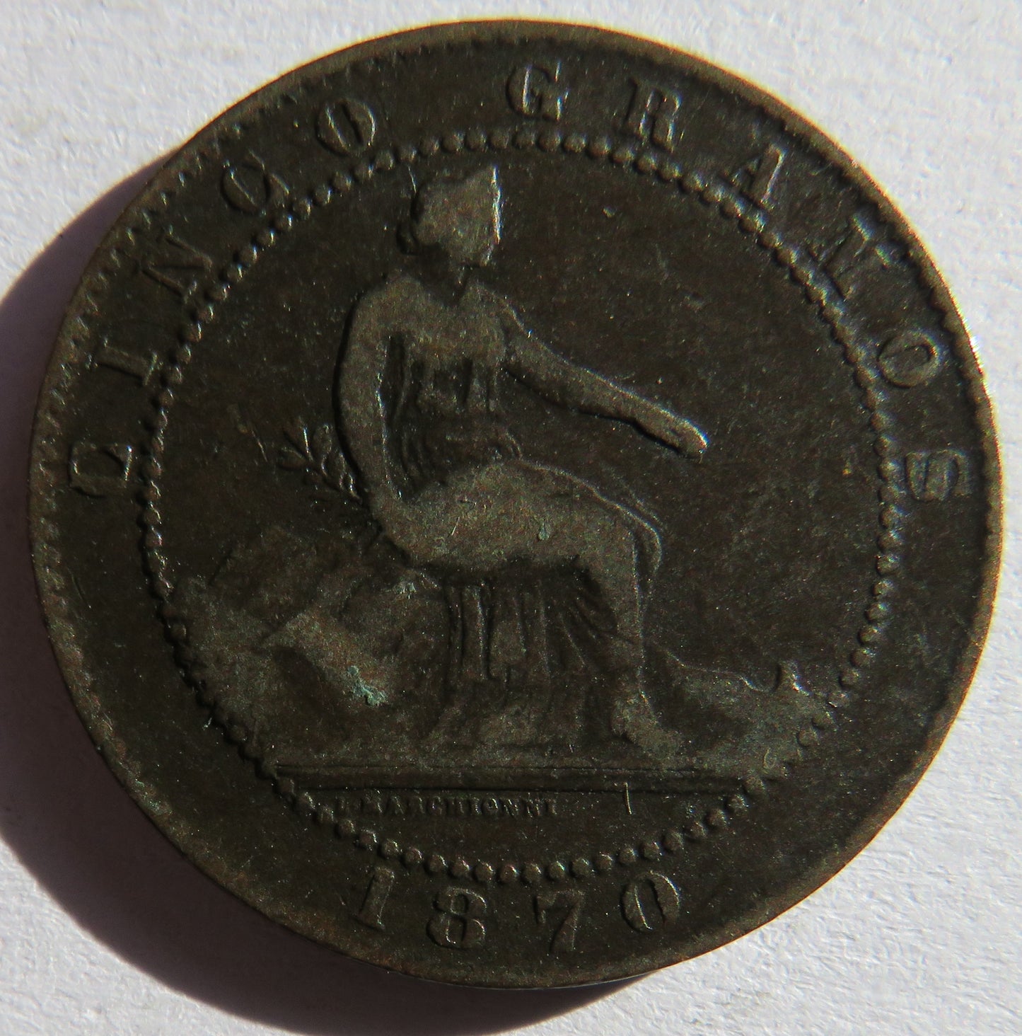 1870 Spain 5 Centimos Coin
