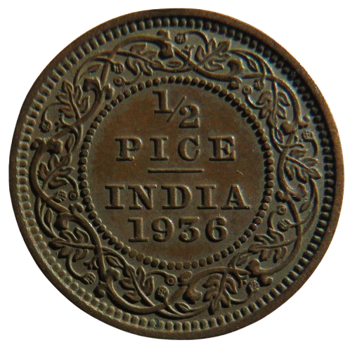 1936 King George V India 1/2 Pice Coin