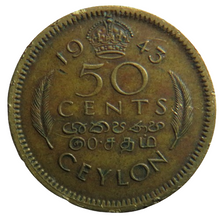 Load image into Gallery viewer, 1943 King George VI Ceylon 50 Cents Coin
