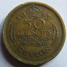 Load image into Gallery viewer, 1943 King George VI Ceylon 50 Cents Coin
