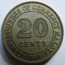 Load image into Gallery viewer, 1950 King George VI Commissioners of Currency Malaya 20 Cents Coin
