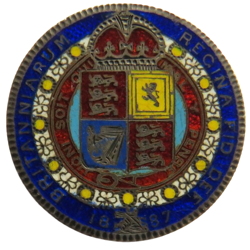 1887 Queen Victoria Jubilee Head Enamelled Silver Halfcrown Coin Brooch