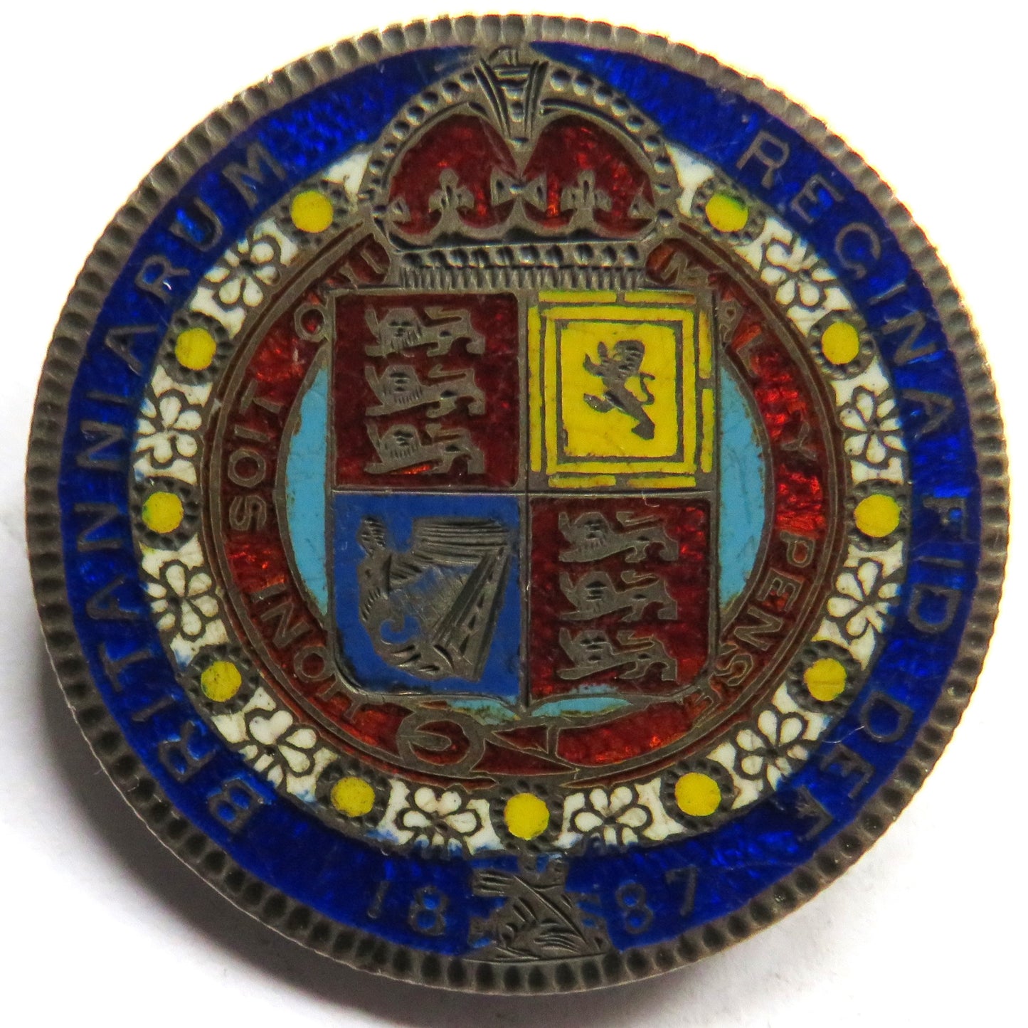 1887 Queen Victoria Jubilee Head Enamelled Silver Halfcrown Coin Brooch