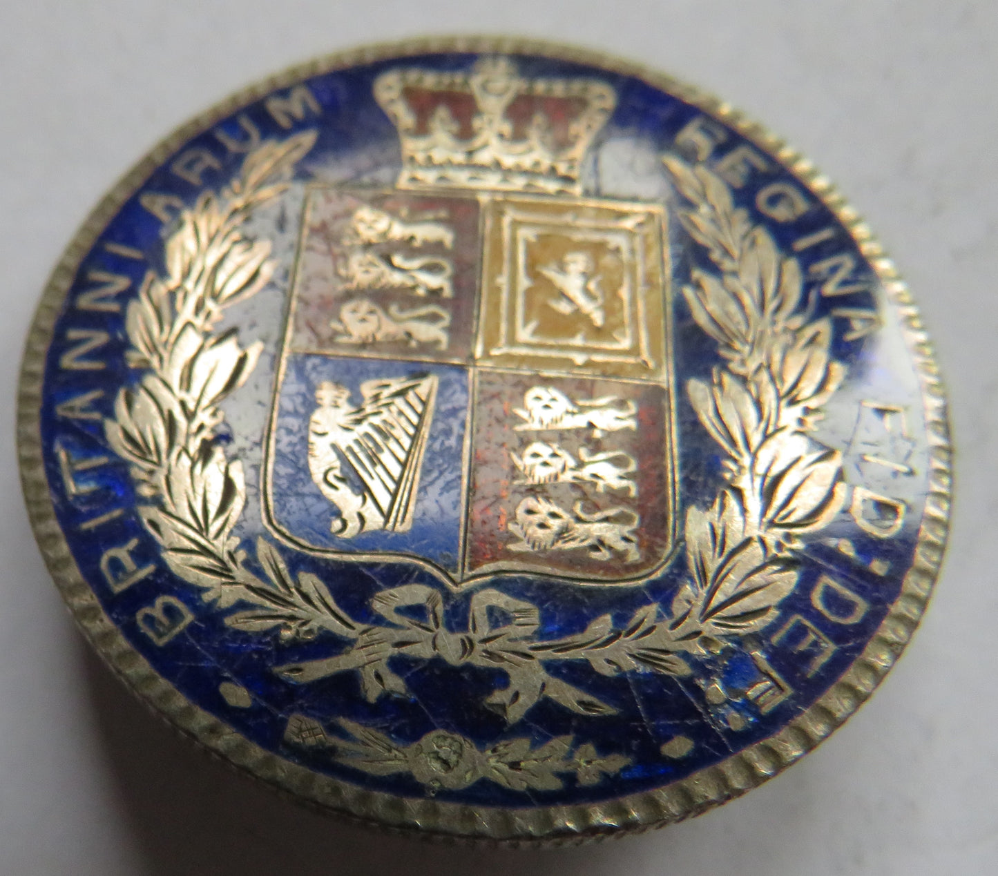 1882 Queen Victoria Young Head Enamelled Silver Halfcrown Coin Brooch
