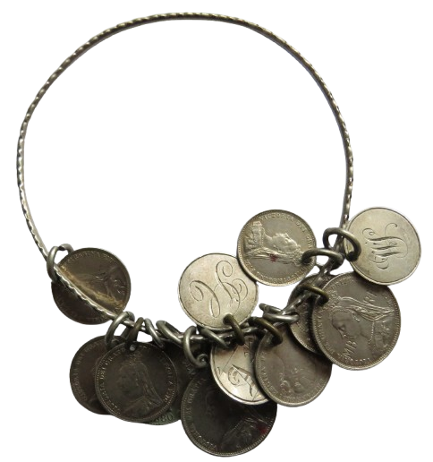 An Excellent Silver Bangle With 13 Victorian Engraved Love Tokens, Threepence, Sixpence etc.