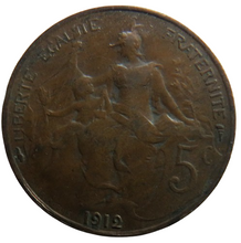 Load image into Gallery viewer, 1912 France 5 Centimes Coin
