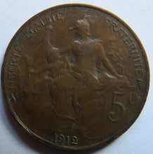 Load image into Gallery viewer, 1912 France 5 Centimes Coin
