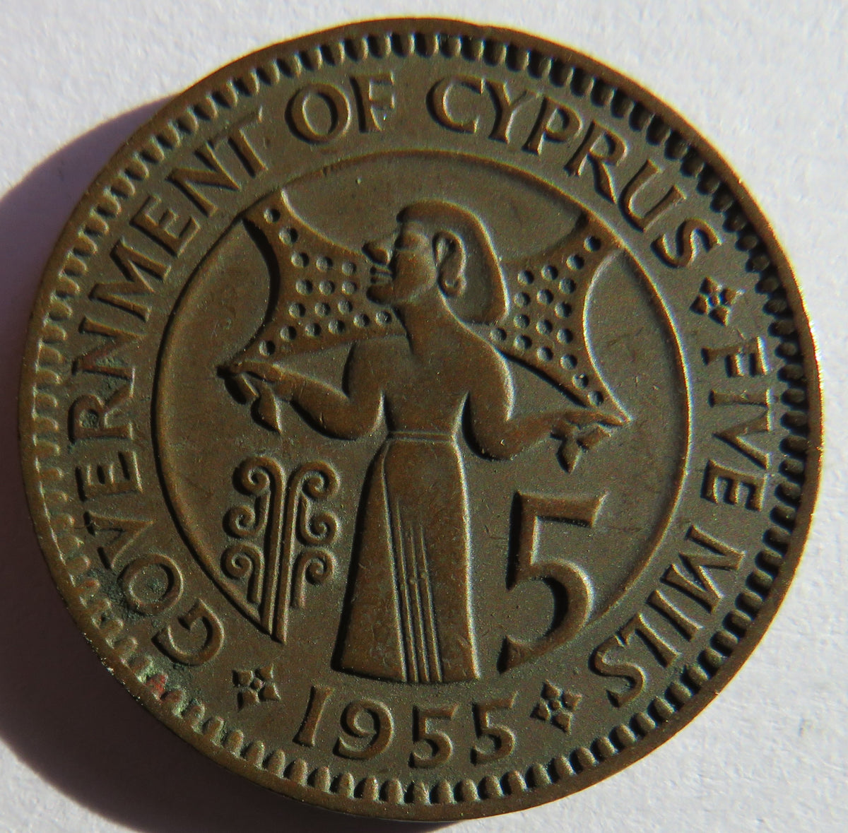 1955 Queen Elizabeth II Cyprus 5 Mils Coin image 2