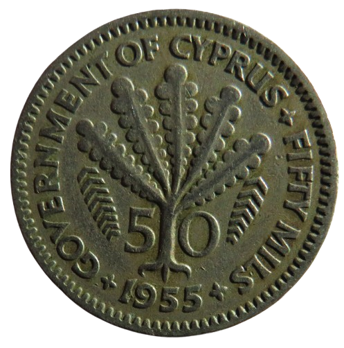 1955 Queen Elizabeth II Cyprus 50 Mils Coin