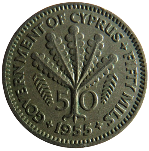 1955 Queen Elizabeth II Cyprus 50 Mils Coin