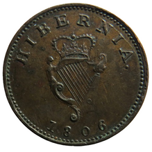 Load image into Gallery viewer, 1806 King George III Ireland Hibernia Farthing Coin Excellent Grade.
