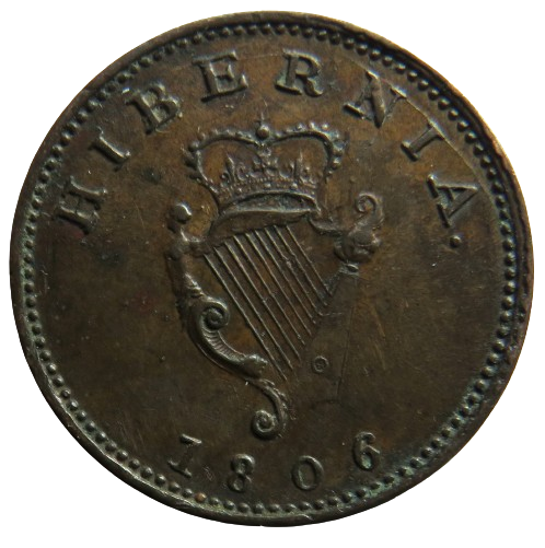 1806 King George III Ireland Hibernia Farthing Coin Excellent Grade.