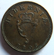 Load image into Gallery viewer, 1806 King George III Ireland Hibernia Farthing Coin Excellent Grade.
