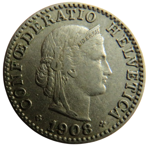 1908 Switzerland 20 Rappen Coin