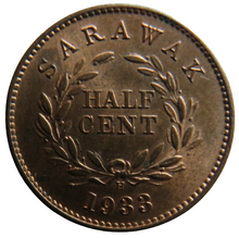 Load image into Gallery viewer, 1933-H Sarawak 1/2 Half Cent Coin In High Grade.
