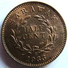 Load image into Gallery viewer, 1933-H Sarawak 1/2 Half Cent Coin In High Grade
