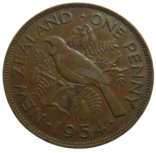 1954 Queen Elizabeth II New Zealand One Penny Coin